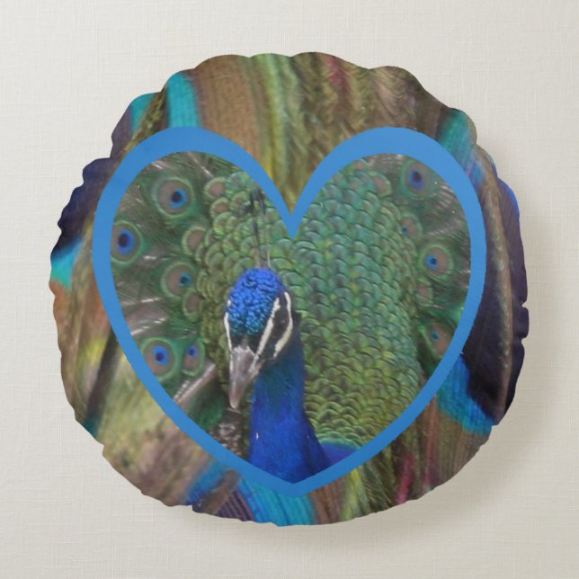 Peacock Face in Heart Round Pillow (Front)