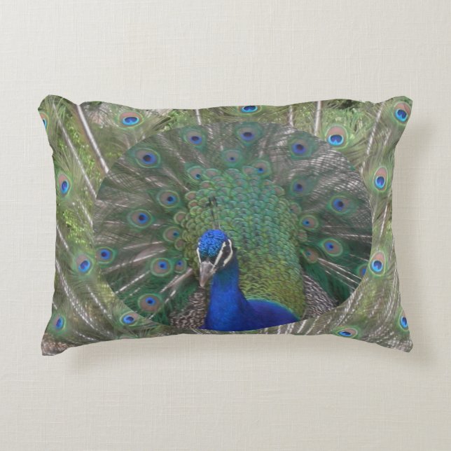 Peacock Face with Feathers Accent Pillow (Front)