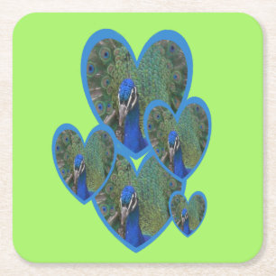 Peacock Faces in Heart Pattern Paper Coaster