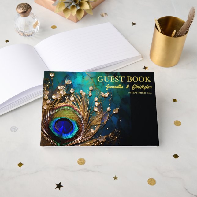 Peacock feather 3D art nouveau wedding editable Guest Book (Front Open)