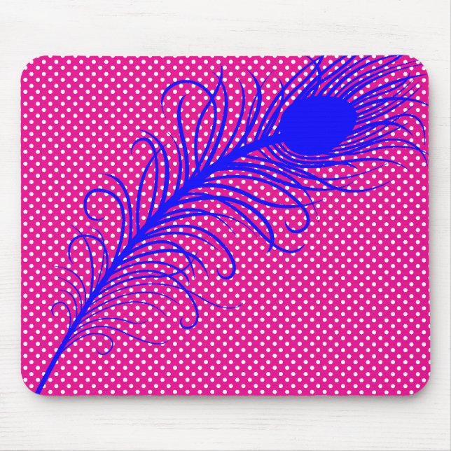 Peacock feather and Polka Dots - Pink & Royal Blue Mouse Pad (Front)