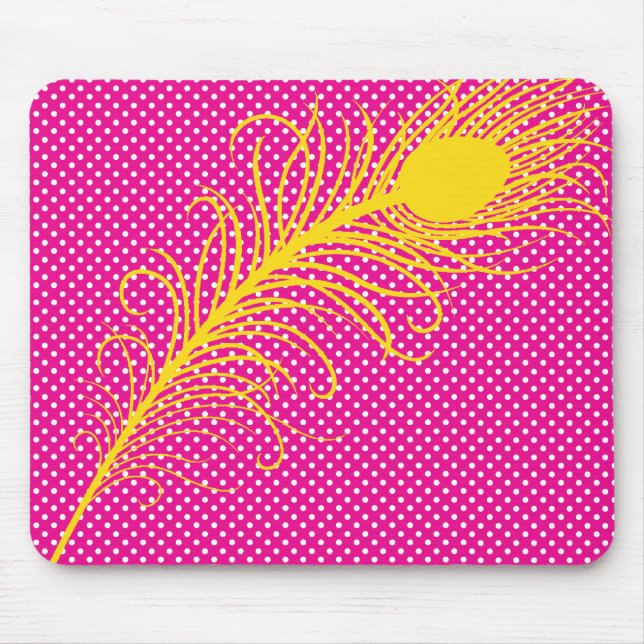 Peacock feather and Polka Dots - Pink & Yellow Mouse Pad (Front)