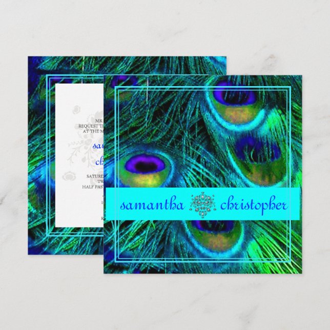 PEACOCK FEATHER/AQUA/TURQUOISE SEE DESCRIPTION INVITATION (Front/Back)
