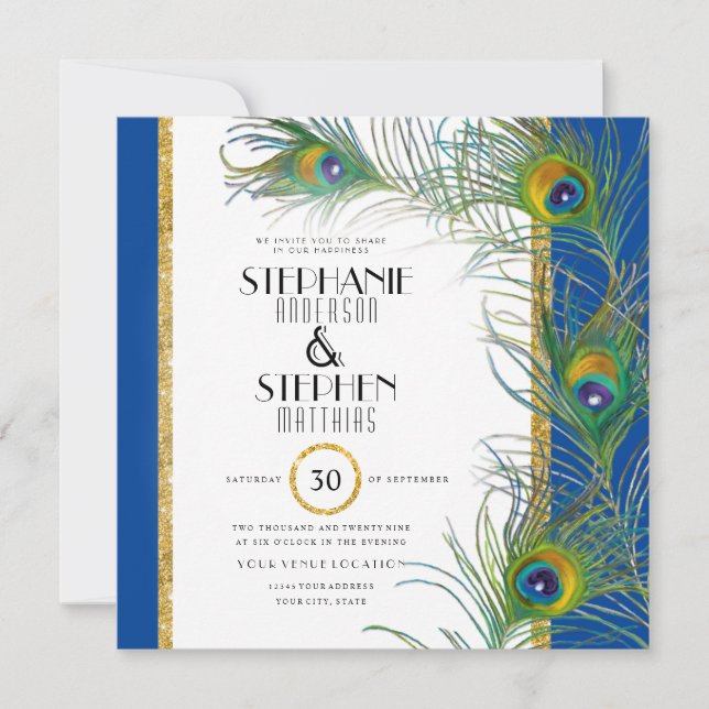 Peacock Feather Art Deco Nouveau Modern Typography Invitation (Front)