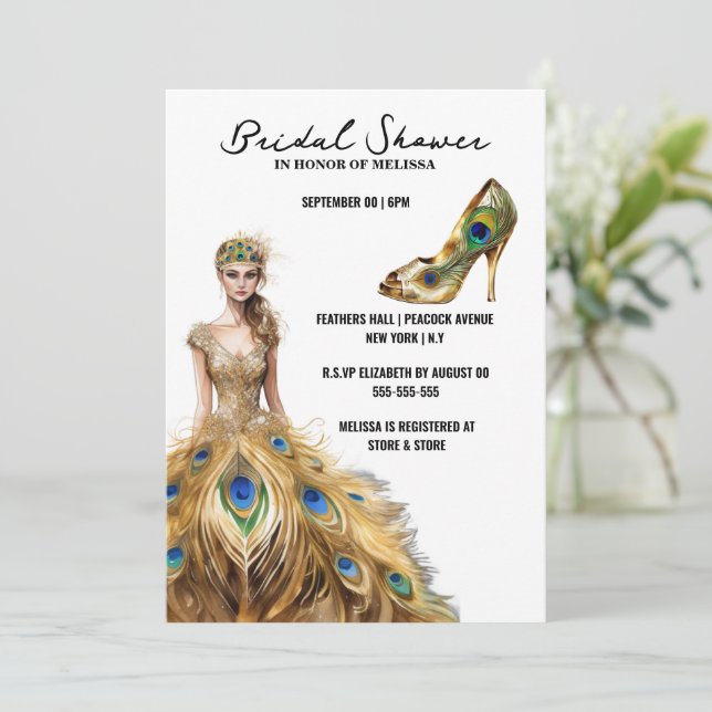 Peacock feather ball gown bride to be white invitation (Standing Front)