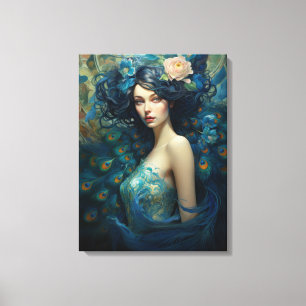 Peacock Feather Beauty: Woman in Teal and Blue  Canvas Print