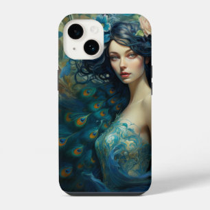 Peacock Feather Beauty: Woman in Teal and Blue  iPhone 14 Case