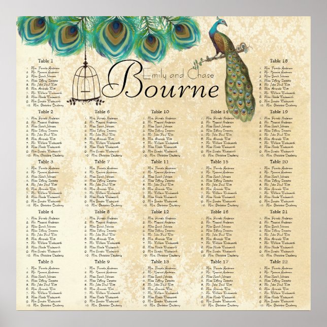 Peacock Feather Bird Cage Reception Seating Chart (Front)