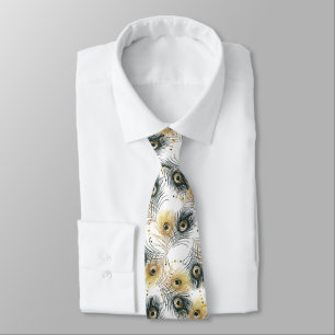  Peacock Feather Black White Gold Mens Necktie