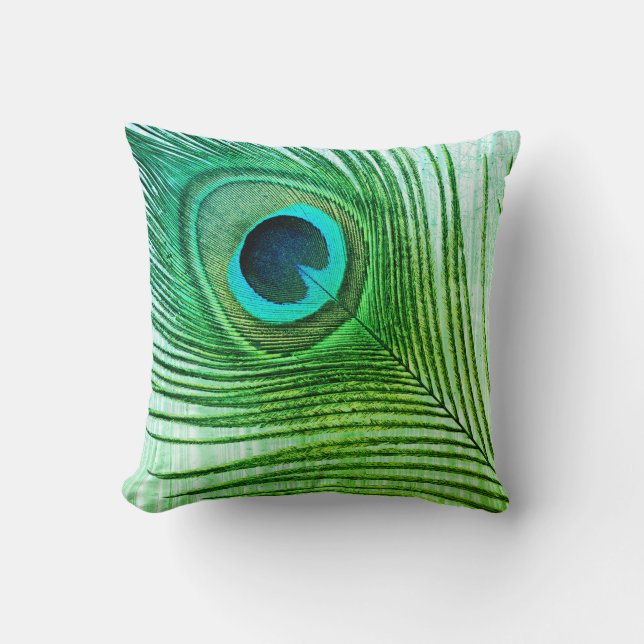 Peacock Feather Blue Green Artistic Abstract Cool Throw Pillow (Front)