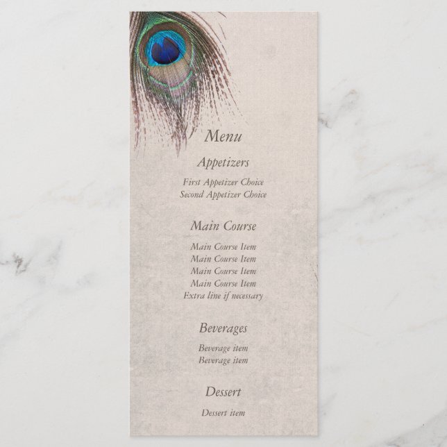 Peacock Feather Blue Mariage Menu (Devant)