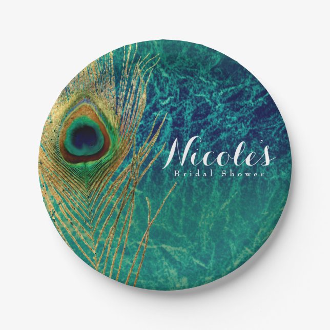 Peacock Feather Blue Teal Gold Boho Custom Party Paper Plate (Front)