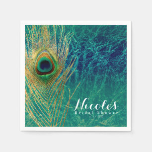 Peacock Feather Blue Teal Gold Exotic Custom Party Napkin