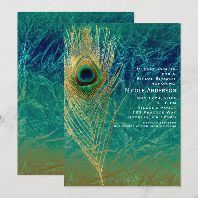 Peacock Feather Blue Teal Gold Exotic Invitations (Front/Back)