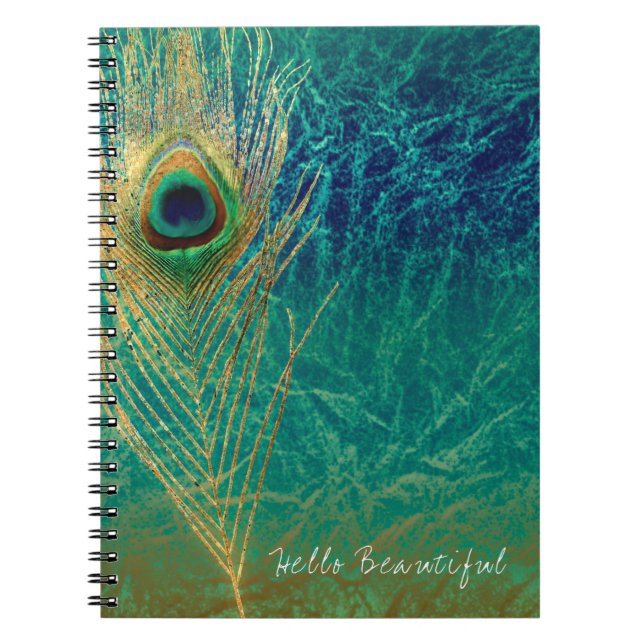 Peacock Feather Blue Teal Gold Glam Boho Chic Notebook (Front)