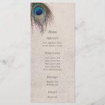 Peacock Feather Blue Wedding Menu<br><div class="desc">A beautiful blue, tan, and green peacock feather embellishes the top left of this elegant wedding menu card. Your custom text is in brown at the centre, and is easy to customize. The images and text are placed on a distressed light grey tan background which complements the colours in the...</div>