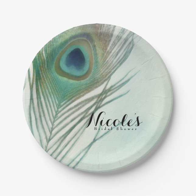 Peacock Feather Boho Chic Watercolor Custom Party Paper Plate (Front)