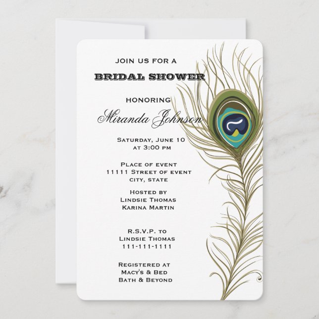 Peacock Feather Bridal Shower Invitation (Front)