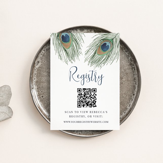Peacock Feather Bridal Shower Registry QR Code Enclosure Card (Creator Uploaded)