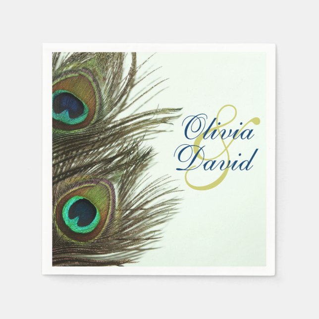Peacock Feather Bride and Groom Wedding Napkins (Front)