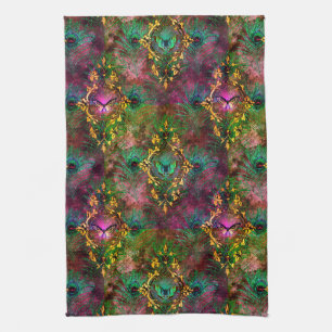 Peacock feather butterfly baroque purple gold kitchen towel