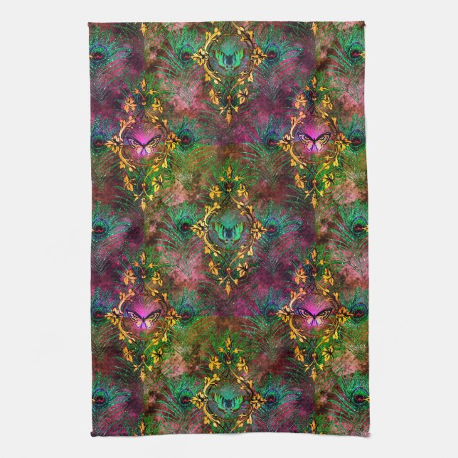 Peacock feather butterfly baroque purple gold kitchen towel (Vertical)