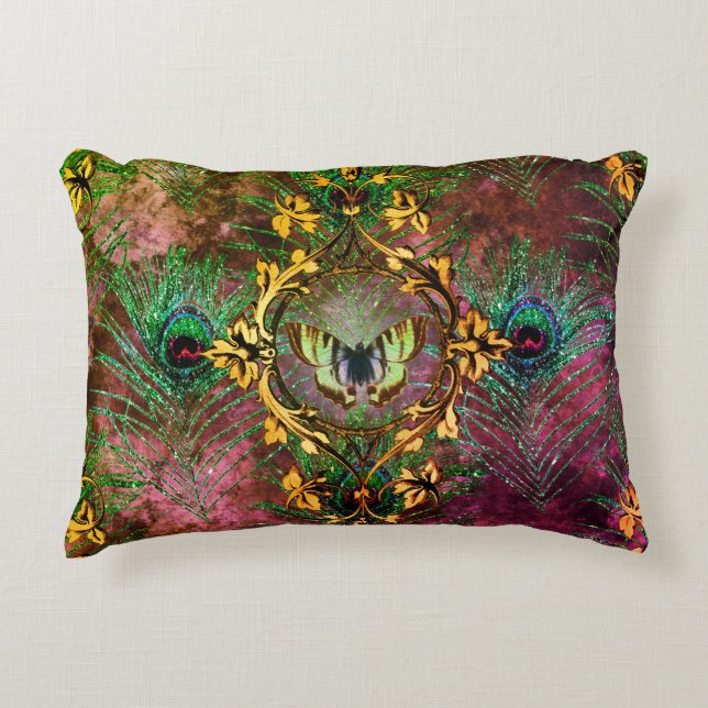 Peacock feather butterfly victorian elegant purple accent pillow (Front)