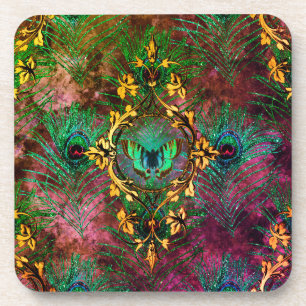 Peacock feather butterfly victorian elegant purple coaster