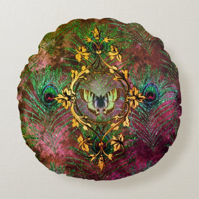 Peacock feather butterfly victorian elegant purple round pillow (Front)