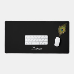 Peacock Feather & Calligraphy on Black Desk Mat