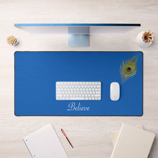 Peacock Feather & Calligraphy on Lake Blue Desk Mat (Office 1)