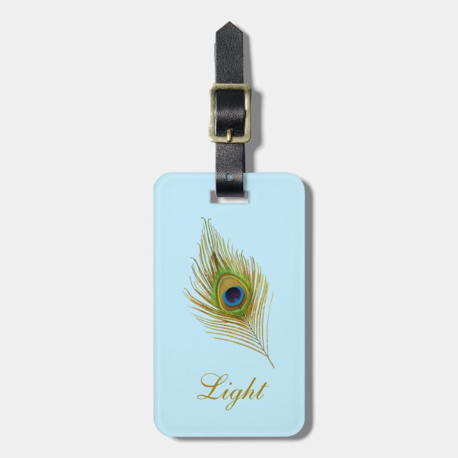 Peacock feather & calligraphy on light blue luggage tag (Front Vertical)