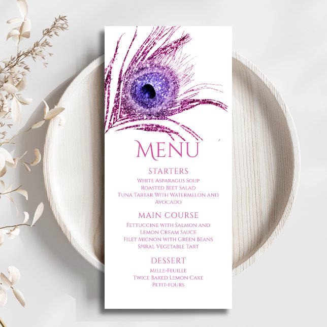 Peacock Feather Chic Glitter Pink Bat Mitzvah Menu (Creator Uploaded)