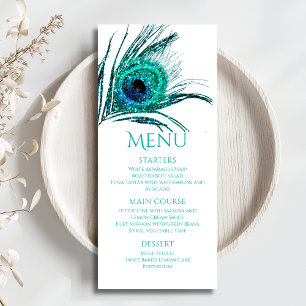 Peacock Feather Chic Glitter Turquoise Bat Mitzvah Menu