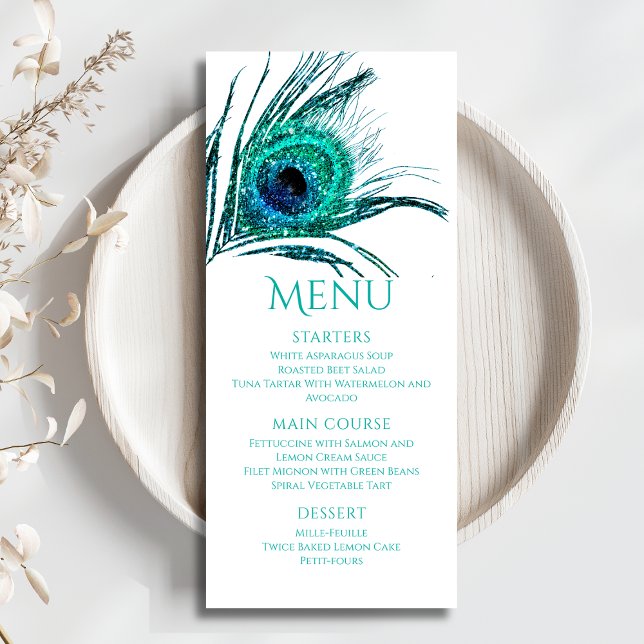 Peacock Feather Chic Glitter Turquoise Bat Mitzvah Menu (Creator Uploaded)