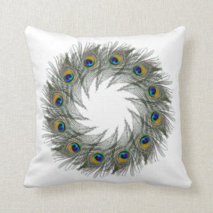 Peacock Feather Circles Throw Pillow