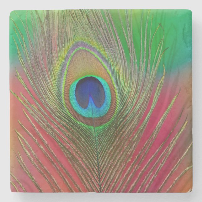 Peacock feather close-up stone coaster (Front)