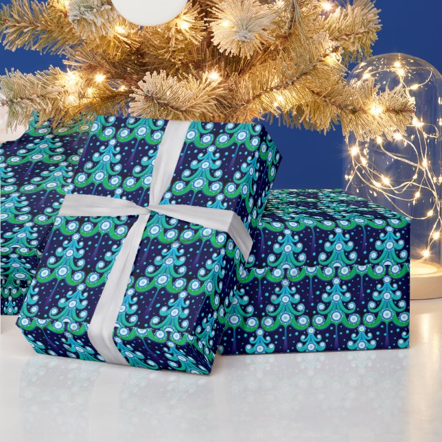 Peacock Feather Colours Christmas Trees Pattern Wrapping Paper (Holidays)