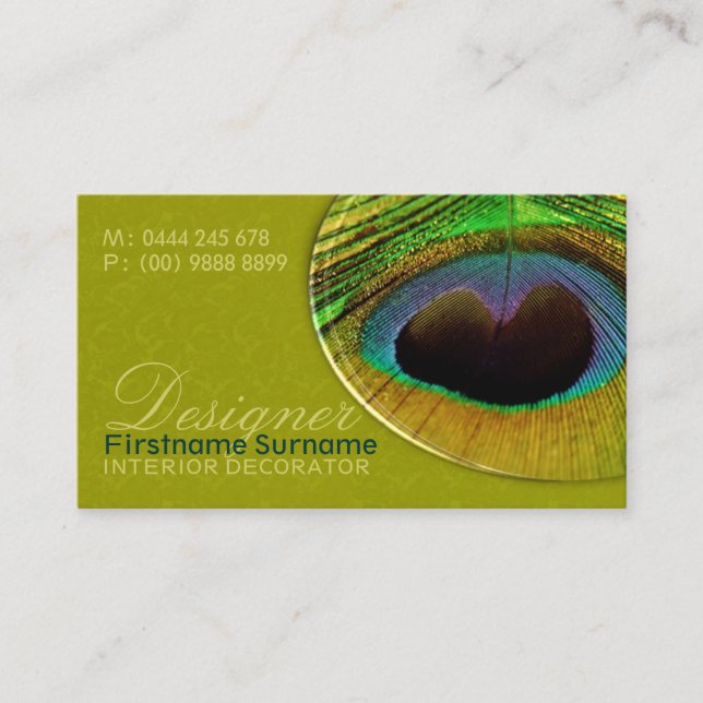 Peacock Feather Damask Home Decor Designer Business Card (Front)