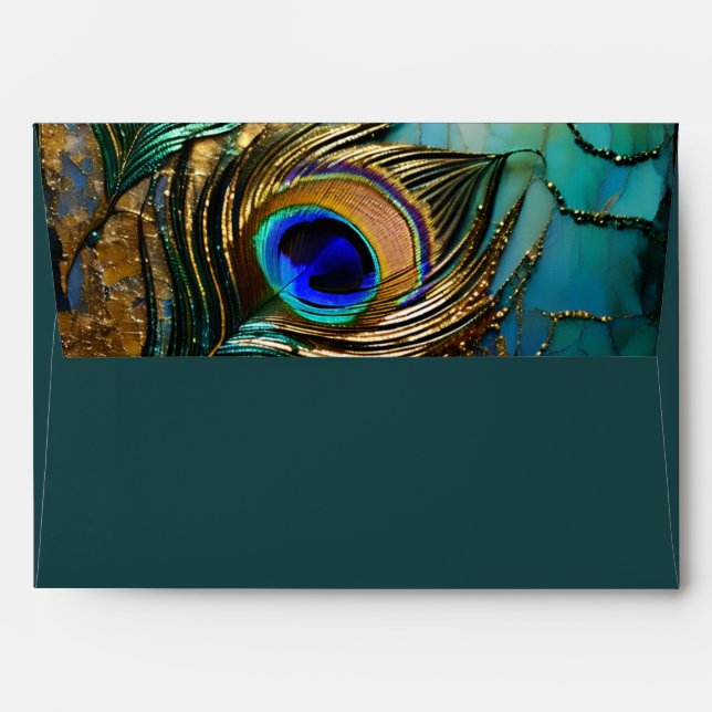 Peacock feather dark teal luxurious editable  envelope (Back (Top Flap))