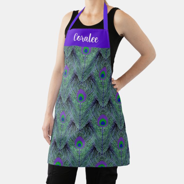 Peacock Feather Design in Teal Purple Apron (Insitu)