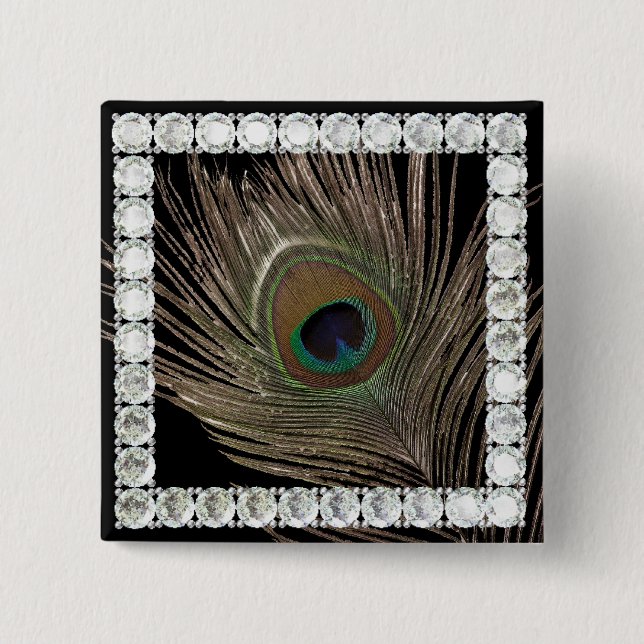 Peacock feather-diamond square 2 inch square button (Front)