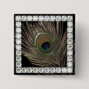 Peacock feather-diamond square 2 inch square button