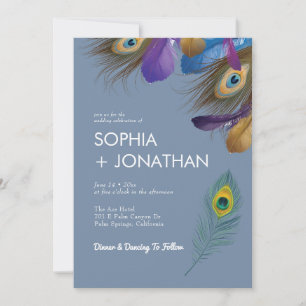 Peacock Feather Dusty Blue Wedding Modern Chic Invitation