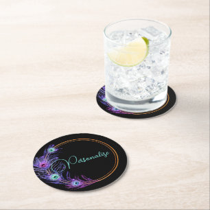 Peacock feather elegant glitter look black purple  round paper coaster