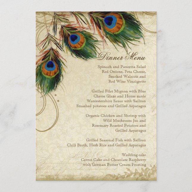 Peacock & Feather Elegant Matching Dinner Menu (Front)