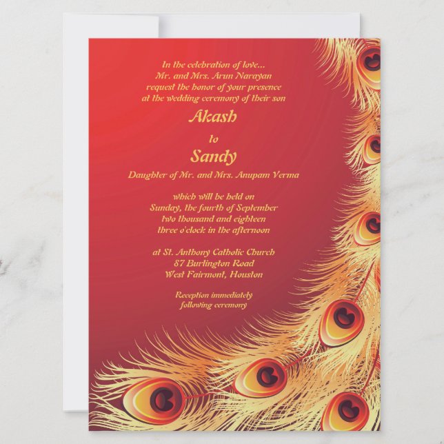 Peacock Feather Elegant Red Wedding Invitation (Front)
