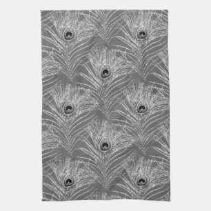Peacock feather elegant silver black grey pattern kitchen towel