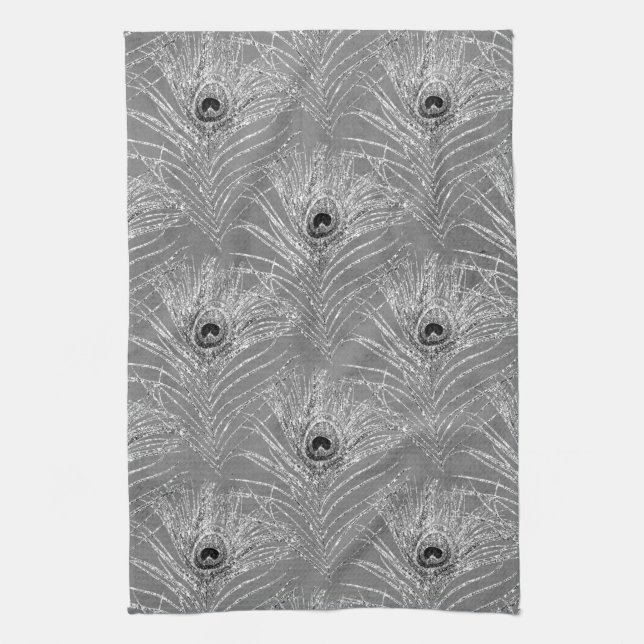 Peacock feather elegant silver black grey pattern kitchen towel (Vertical)
