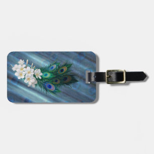 Peacock feather & Emerald Green Metallic Silk Luggage Tag